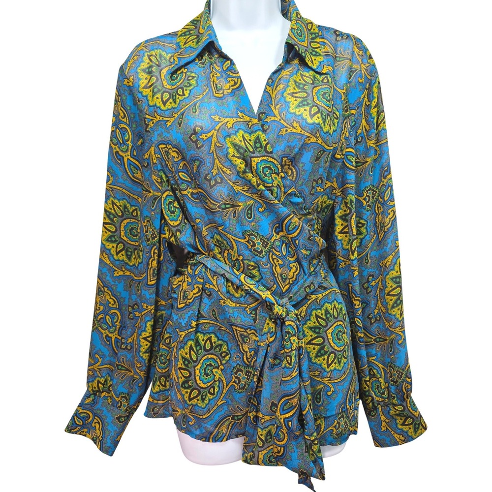 Evan‎ Picone Paisley Wrap Blouse Sheer Tie Waist Top Womens 18W Blue Gold Bold